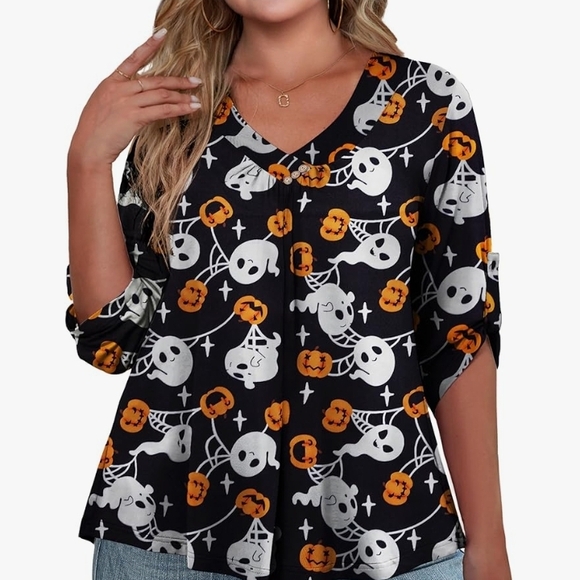 FOLUNSI Tops - Halloween Skull & Pumpkin V-Neck Top - Black & Orange